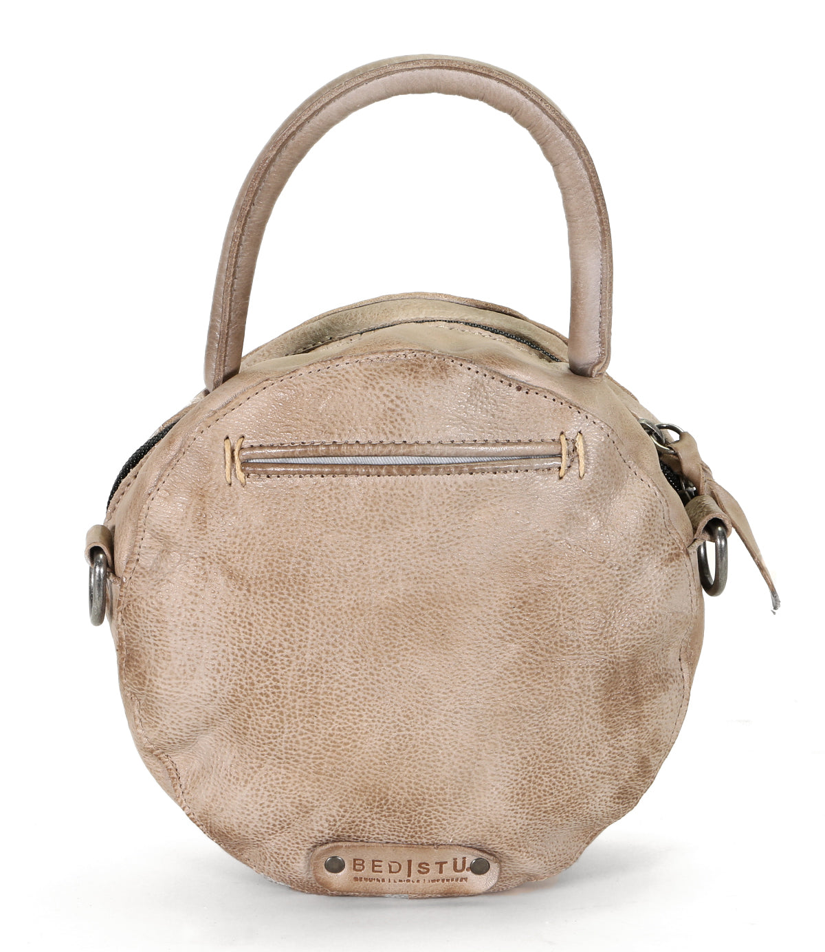 A Bed Stu Arenfield beige leather handbag with a zipper.