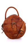 A Bed Stu Arenfield brown leather handbag with a strap and buckle.