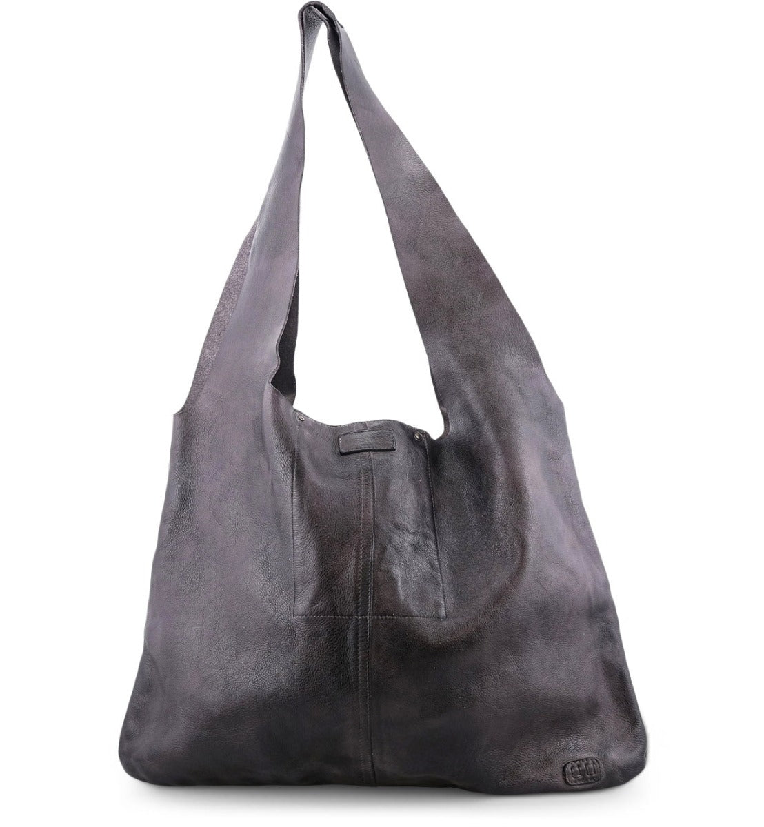 A black leather Ariel hobo bag with two handles, from the brand Bed Stu.