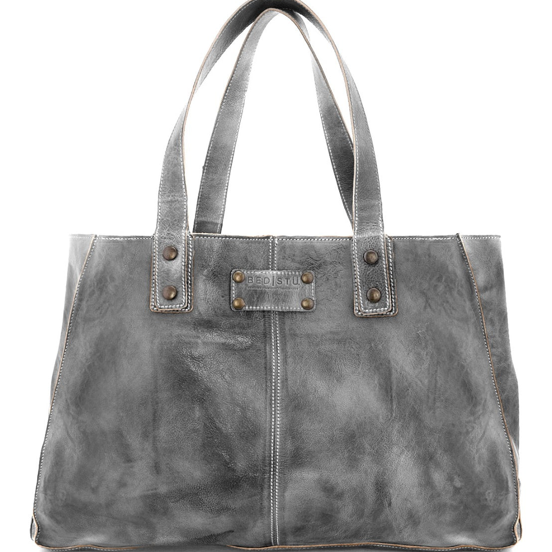 The Arlington grey leather tote bag by Bed Stu is on a white background.