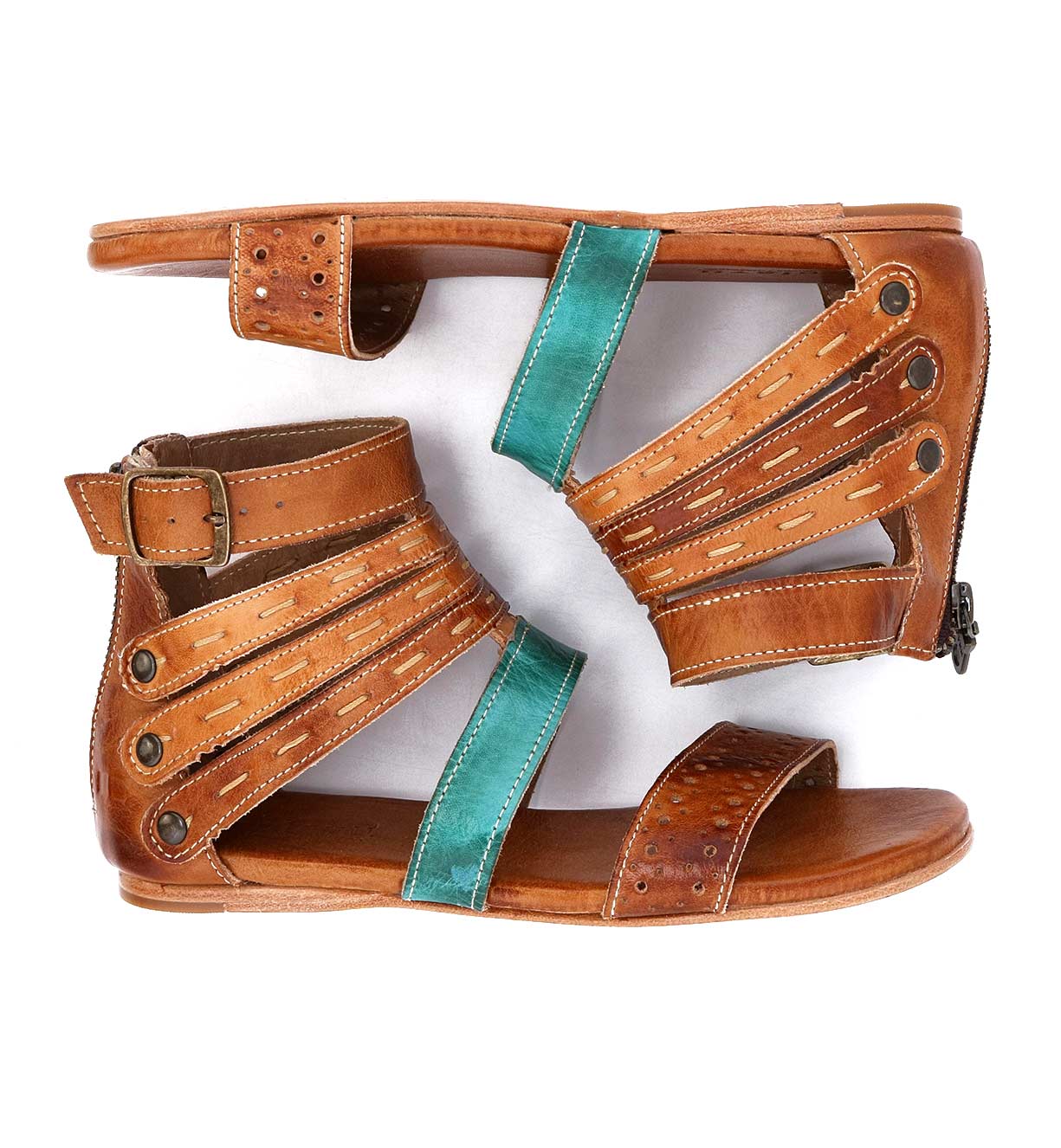 A pair of Bed Stu Artemis women's sandals with tan and turquoise straps.