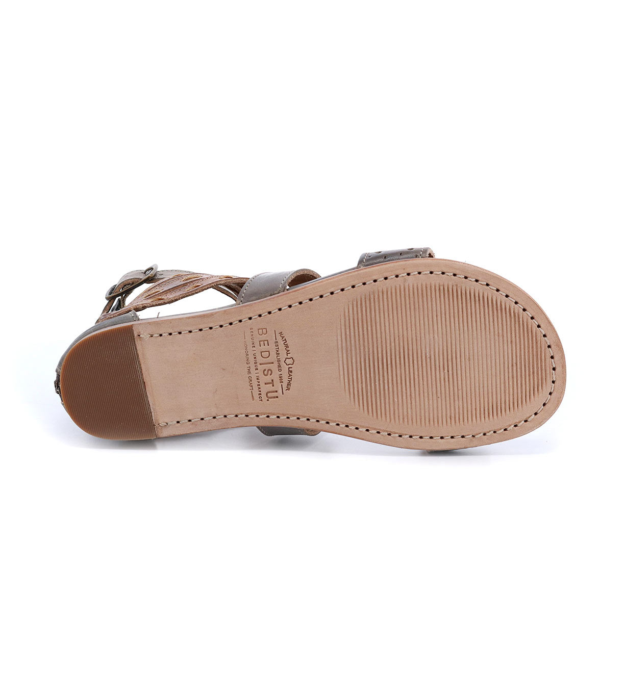A pair of Bed Stu Artemis women's brown sandals on a white background.