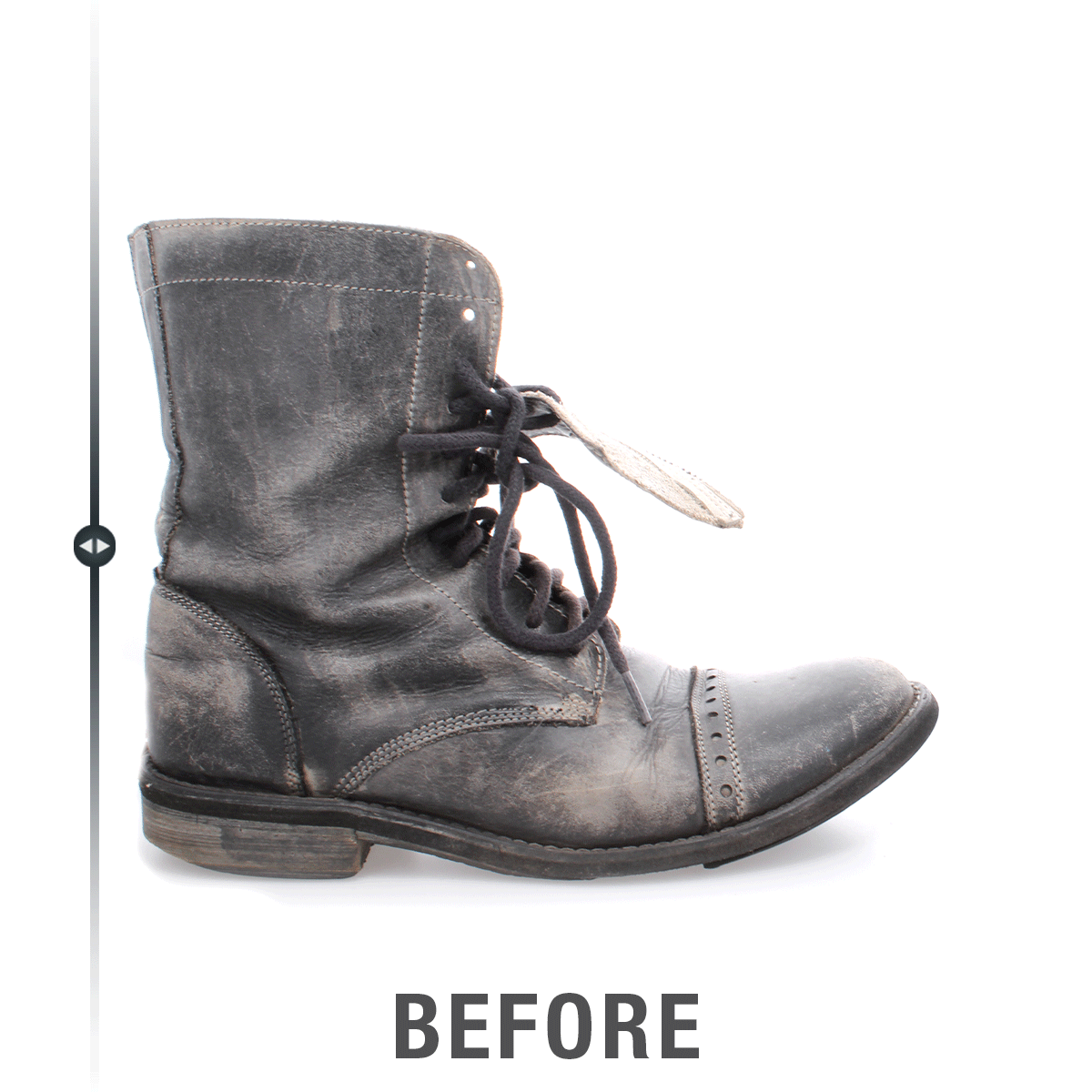 A pair of black boots before and after cleaning, restored using Bed Stu's Artisan Restoration package.