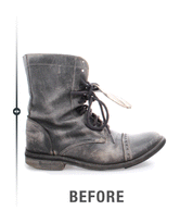 A pair of black boots before and after cleaning, restored using Bed Stu's Artisan Restoration package.