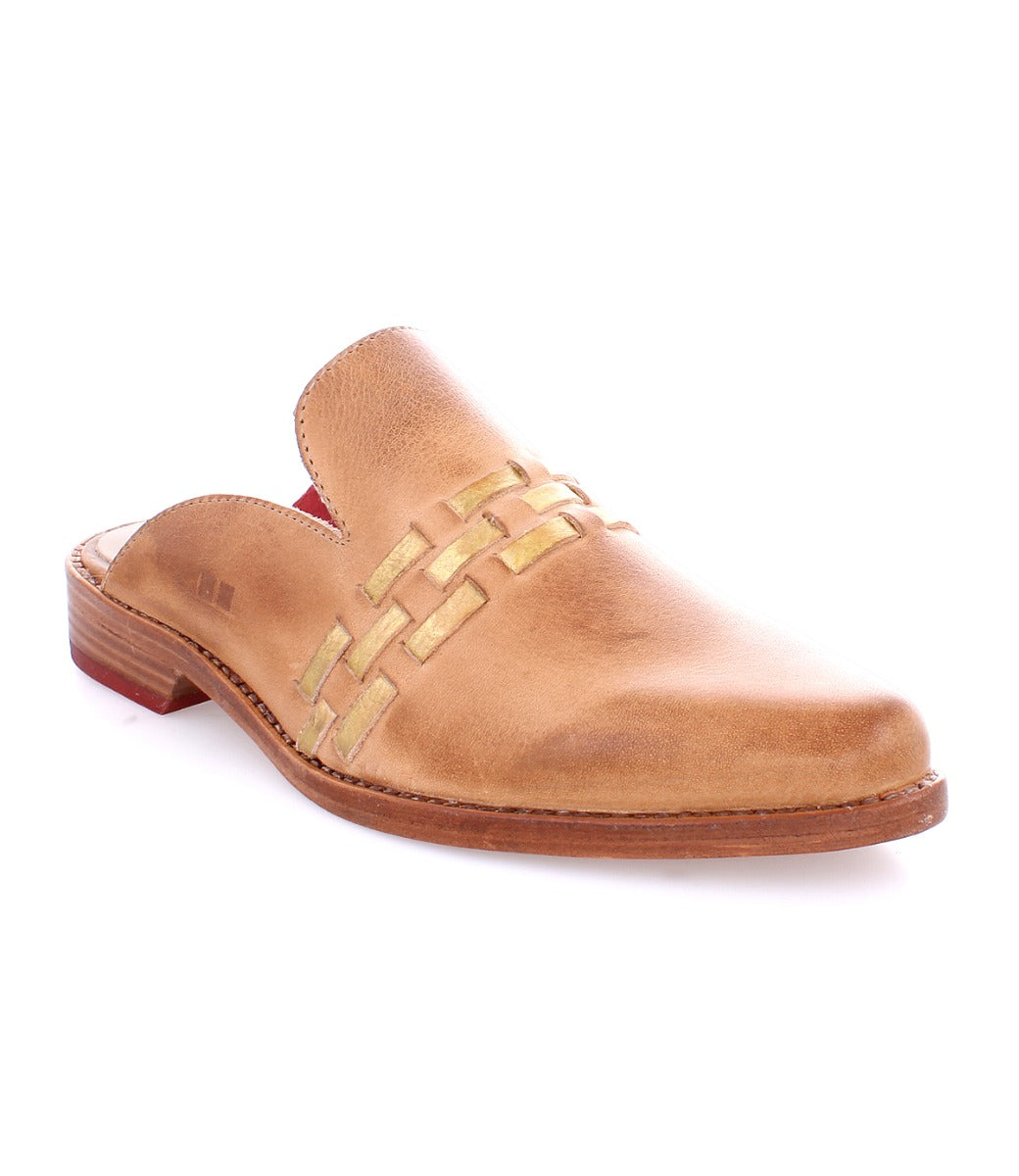 A Bed Stu women's tan leather slipper with braided detailing.
