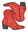 A pair of Bed Stu Baila II red cowboy boots with zippers on the sides.