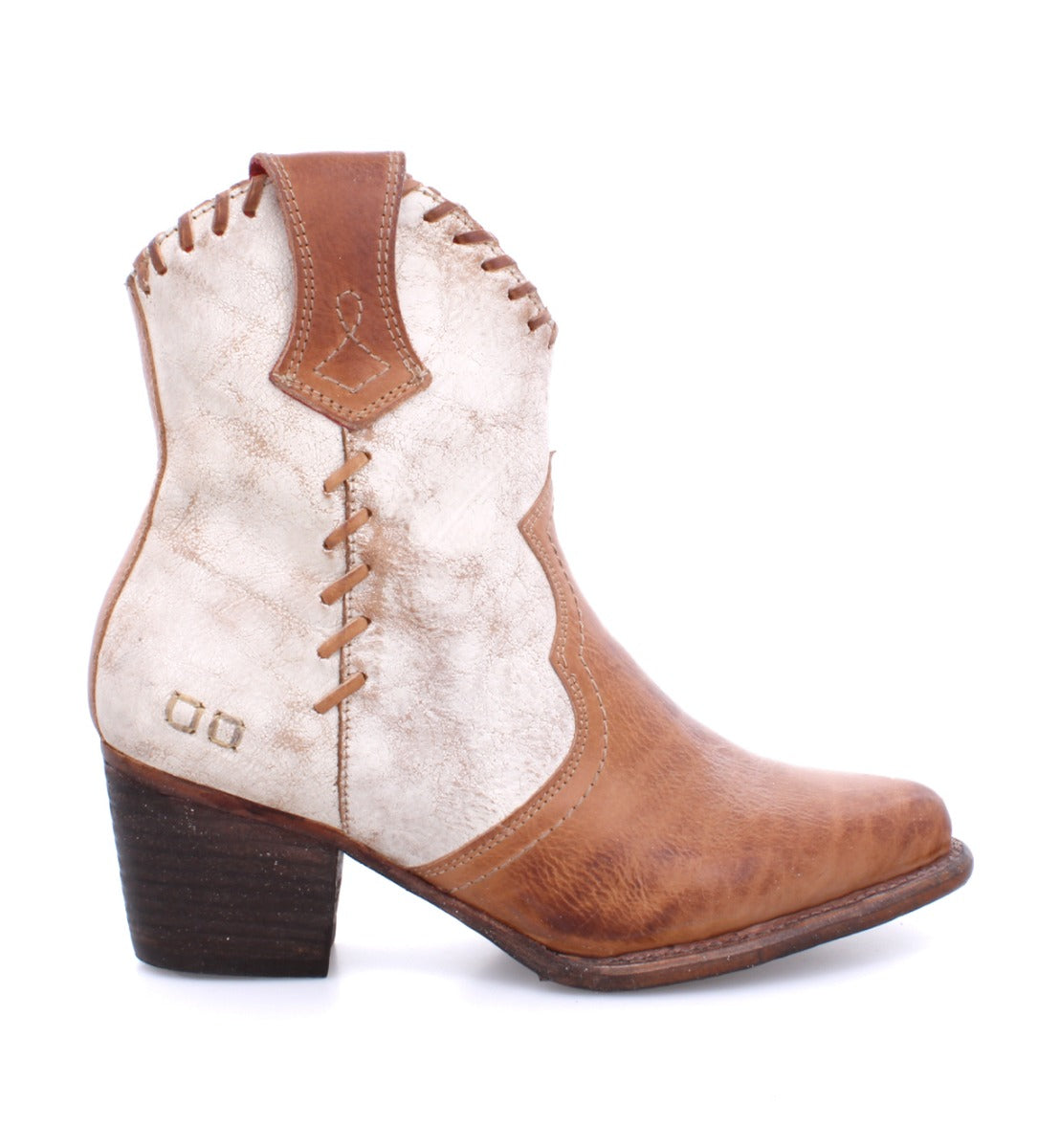 A Bed Stu Baila II women's cowboy boot in tan and white.