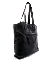 A black leather Bed Stu Barra tote bag with zippers.