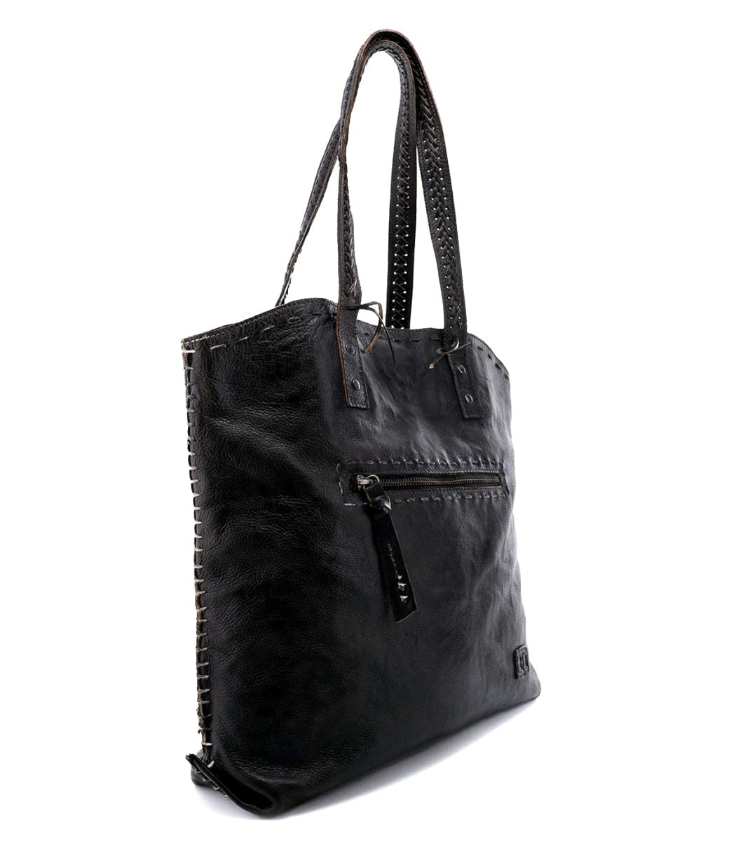 A black leather Bed Stu Barra tote bag with zippers.