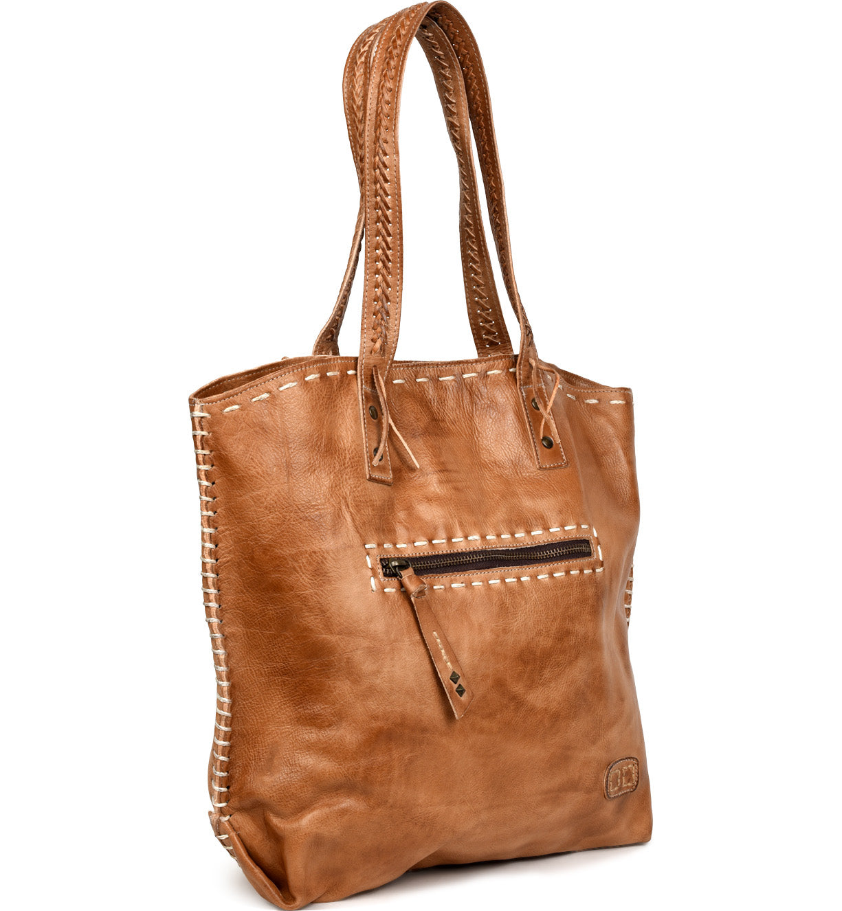 A tan Barra leather tote bag made by Bed Stu.