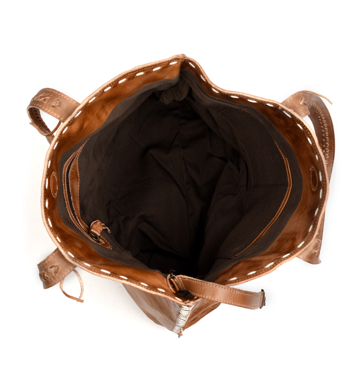 The inside of a Barra brown leather tote bag by Bed Stu.