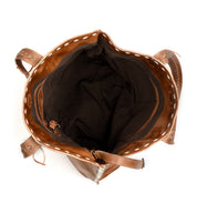 The inside of a Barra brown leather tote bag by Bed Stu.