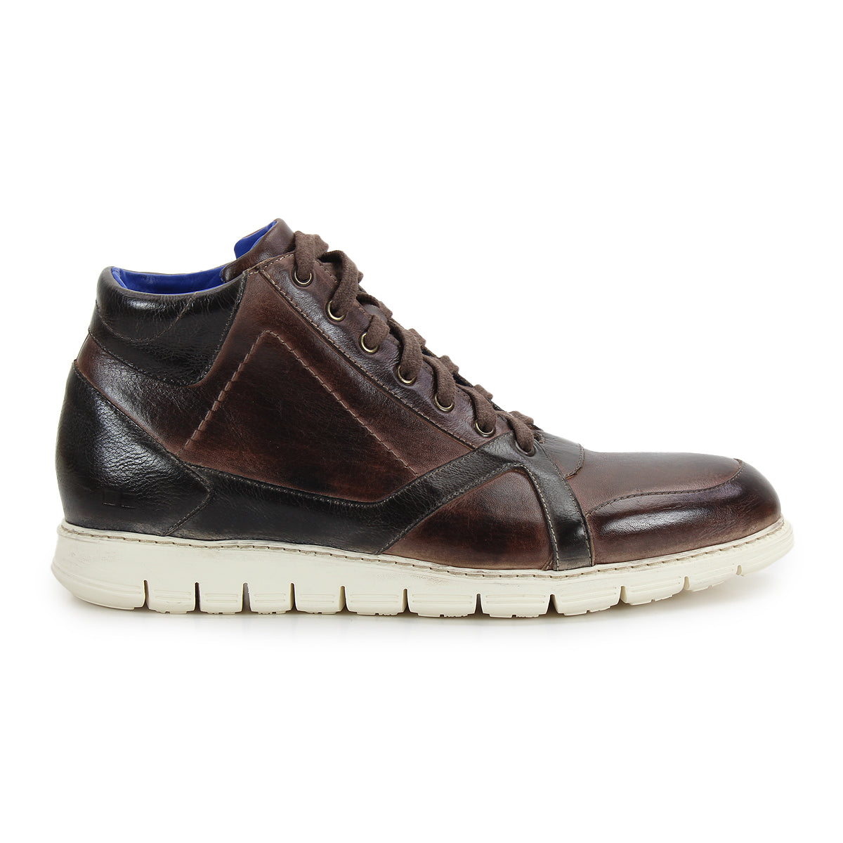Barton by Bed Stu: A side view of a brown leather high-top men's sneaker with a white sole and breathable insole.