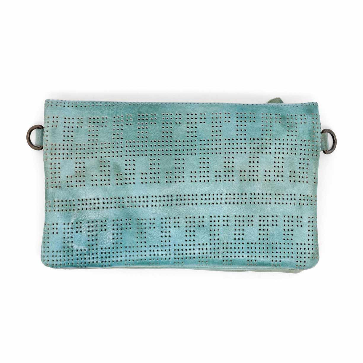 Bed Stu offers a versatile perforated leather clutch bag in a stunning turquoise color.