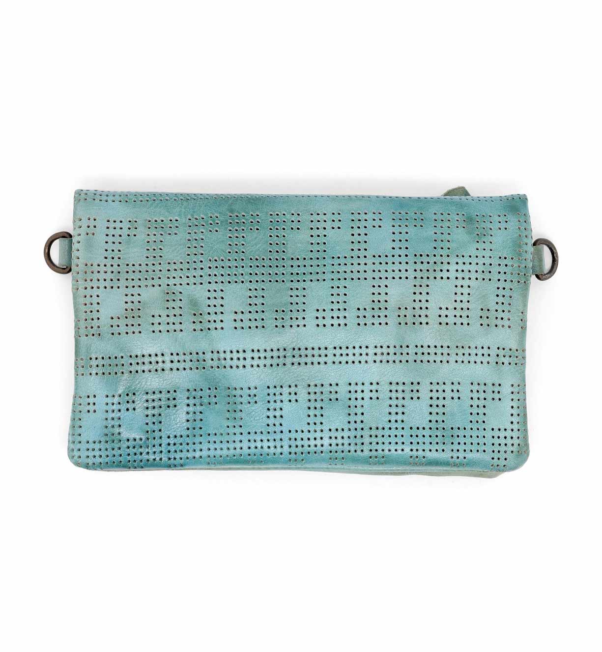 Bed Stu offers a versatile perforated leather clutch bag in a stunning turquoise color.
