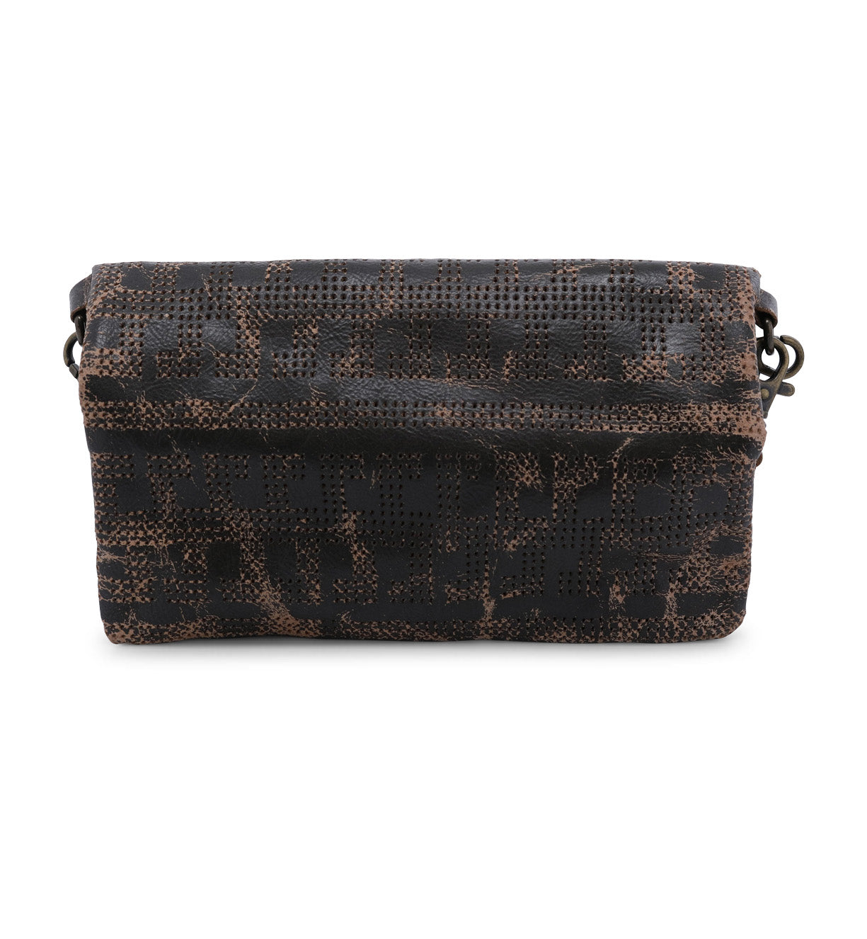 Introducing the Bayshore by Bed|Stü—a rectangular clutch showcasing a striking black and brown textured design. Its fold-over flap is accented with metal rings for attaching an optional strap, allowing you to effortlessly switch between an elegant evening clutch and a functional crossbody bag. The Bayshore is your go-to accessory for seamless day-to-night style.