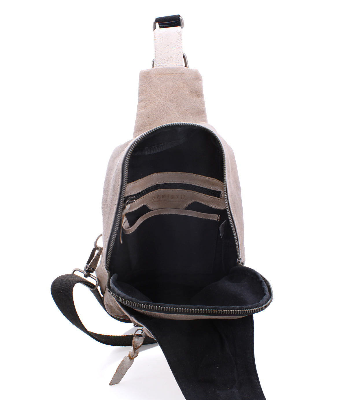 A durable leather Beau sling bag by Bed Stu on a white background, perfect for hands-free activities.