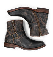 A pair of black leather Becca boots with buckles and zippers. - Bed Stu