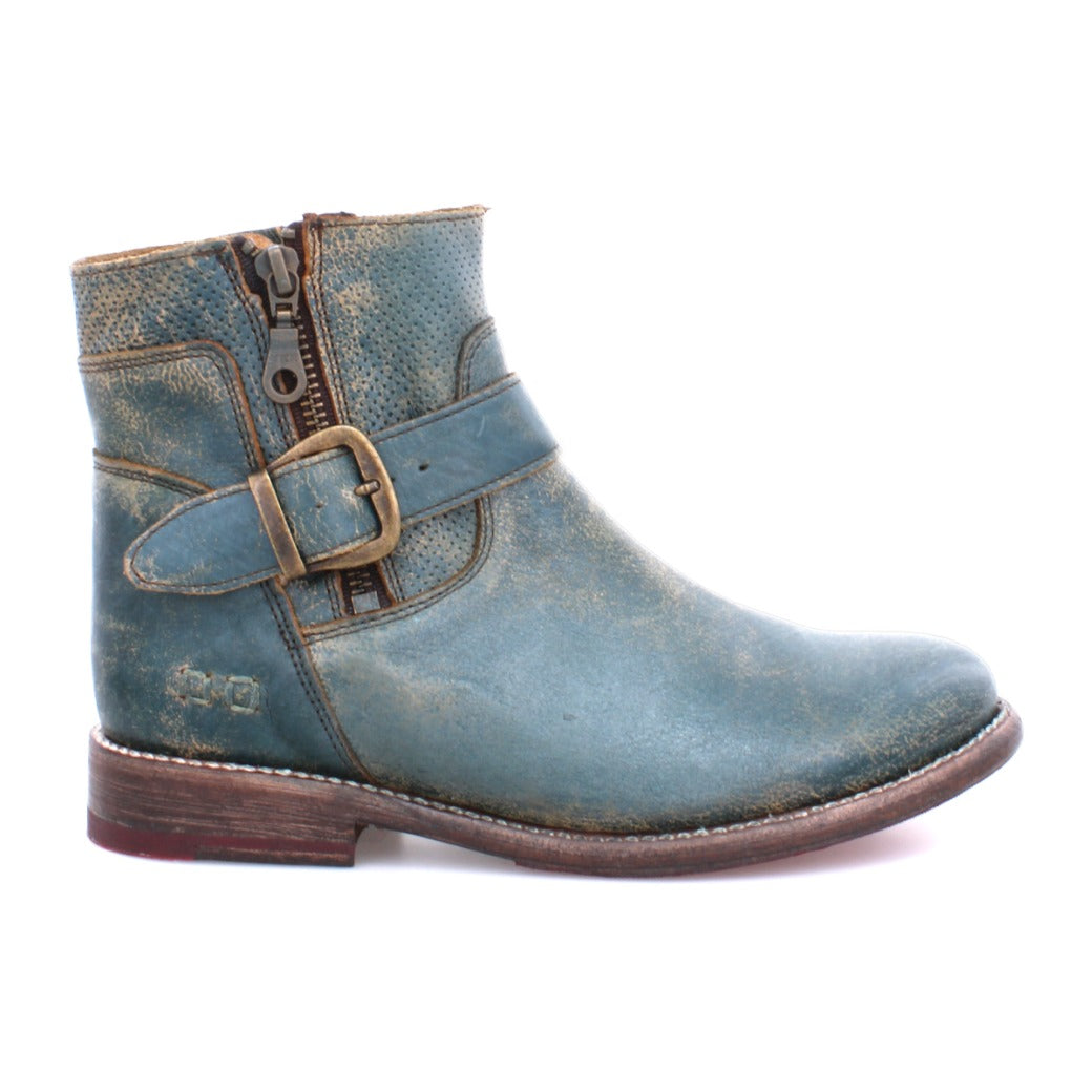 A women's teal leather Becca ankle boot with buckles by Bed Stu.