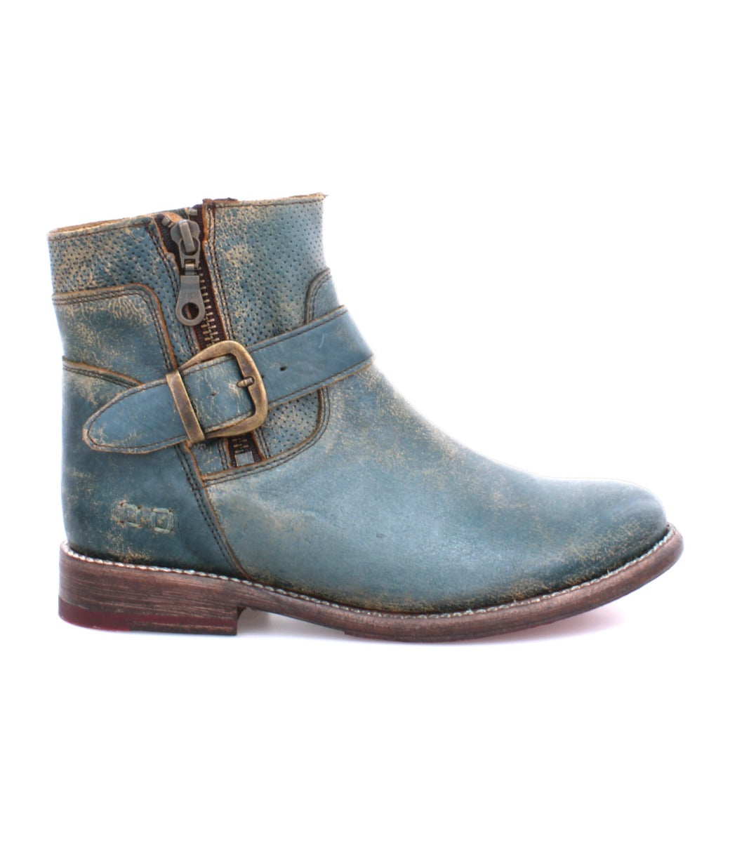 A women's teal leather Becca ankle boot with buckles by Bed Stu.