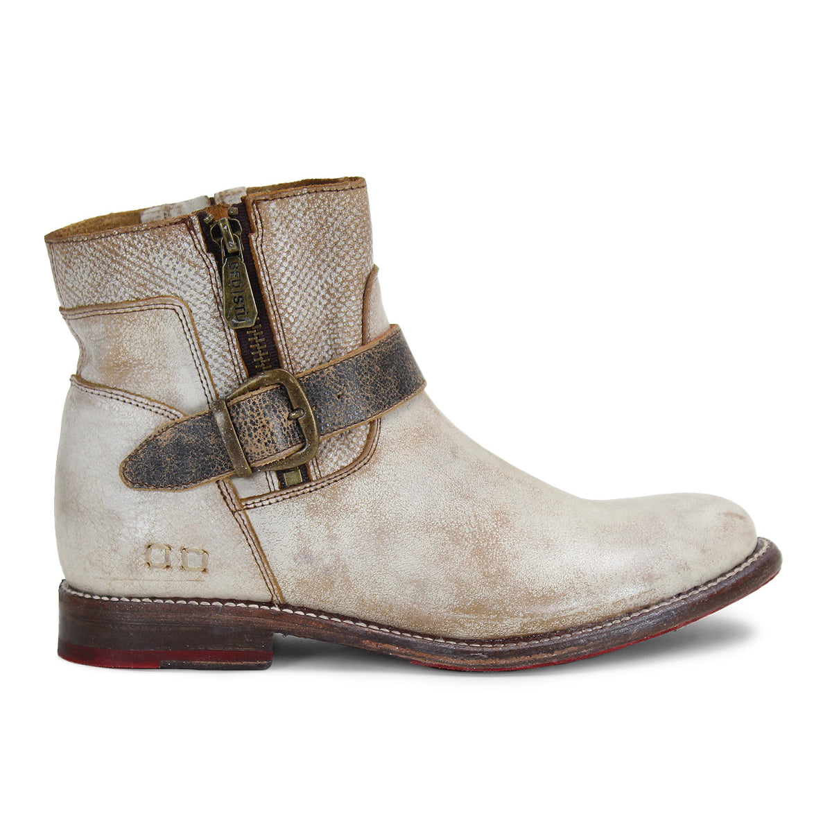 A white leather Becca ankle boot with a buckle on the side from the Bed Stu brand.