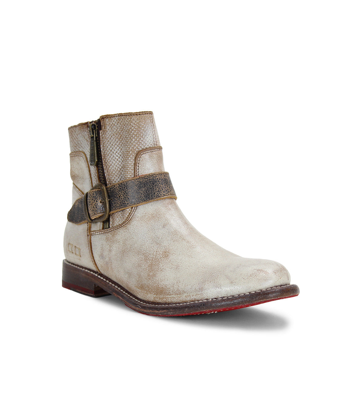 A women's white leather ankle boot with a buckle, the Becca by Bed Stu.