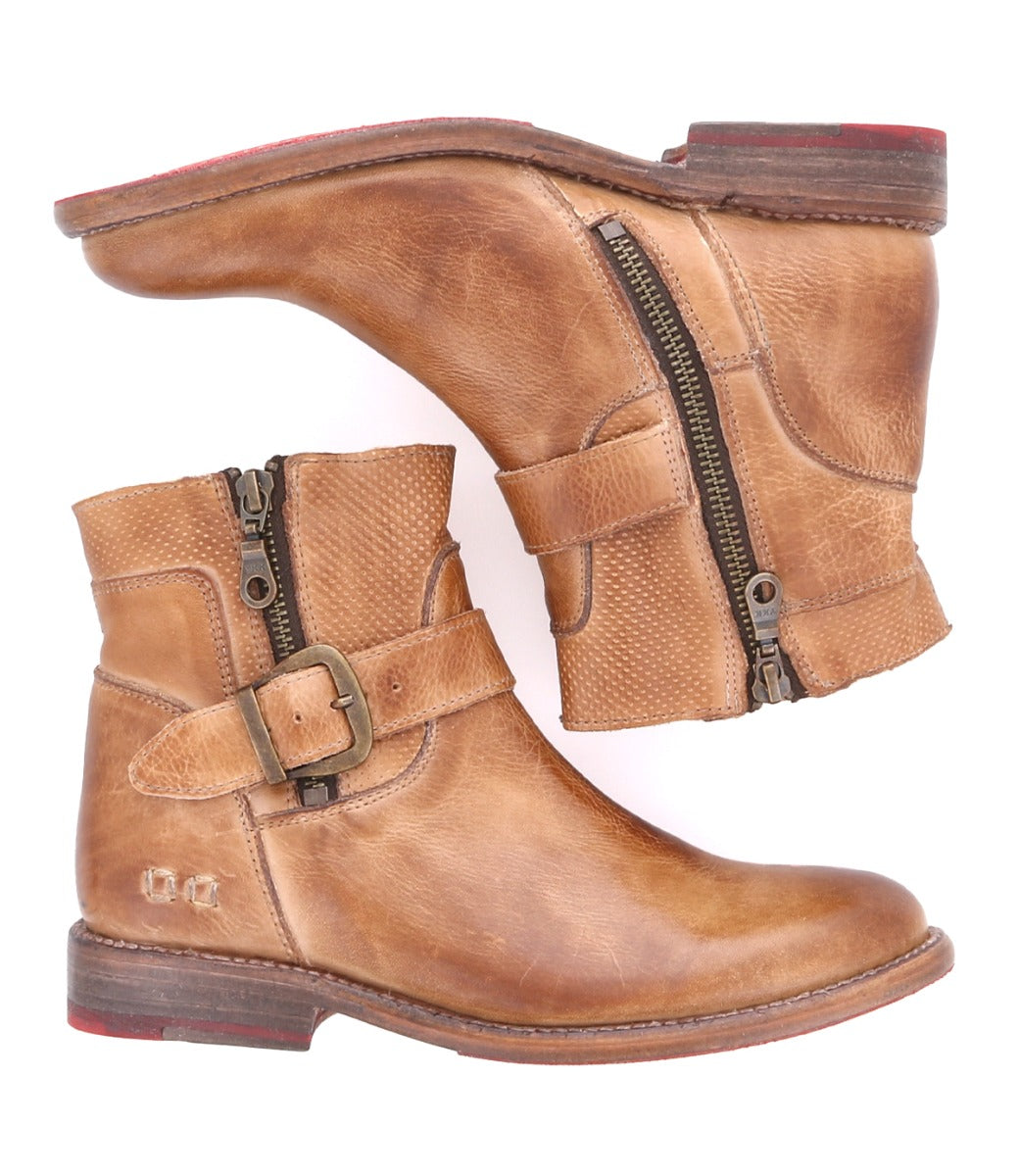 A pair of Becca tan leather ankle boots with zippers by Bed Stu.