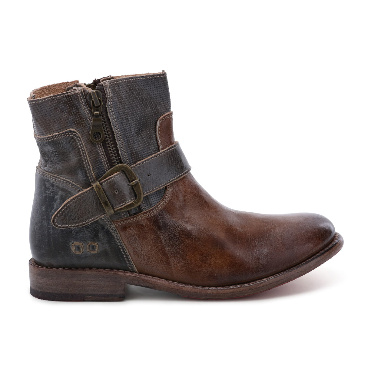 A pair of Becca boots by Bed Stu, made of brown leather and with a buckle on the side.