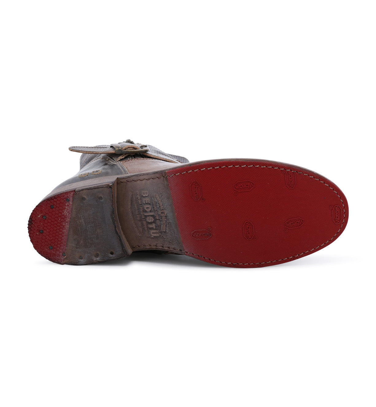 Sole of Becca tan leather boots by Bed Stu.