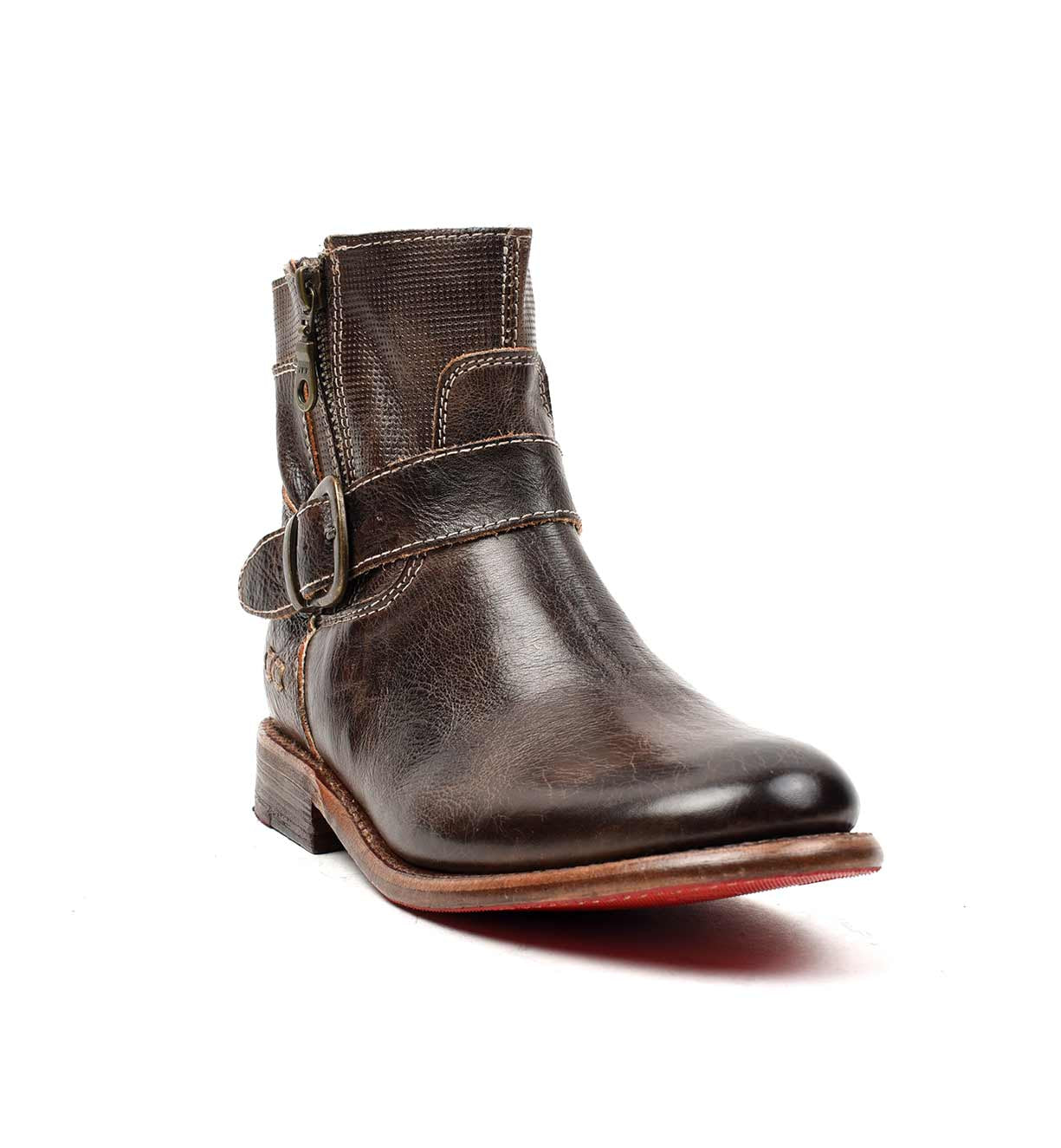 A women's brown leather Becca boot with a red sole by Bed Stu.