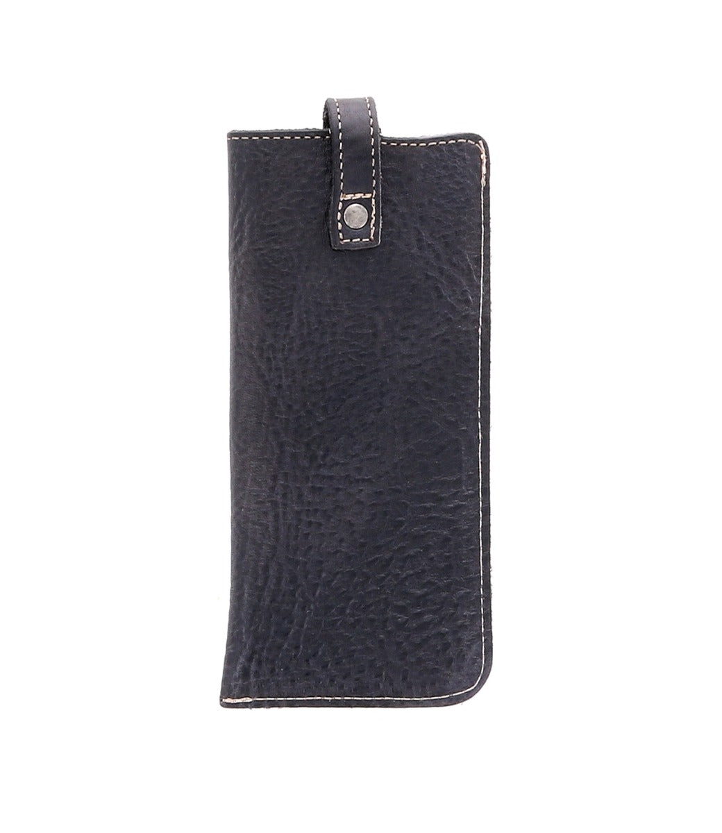 A black leather Behold phone case with a zipper by Bed Stu.