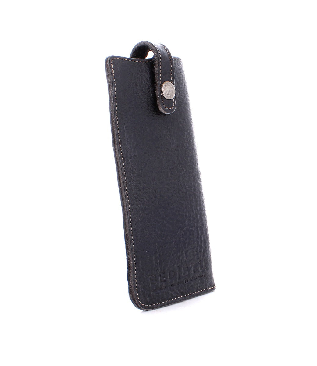 A black leather Behold phone case on a white background.
