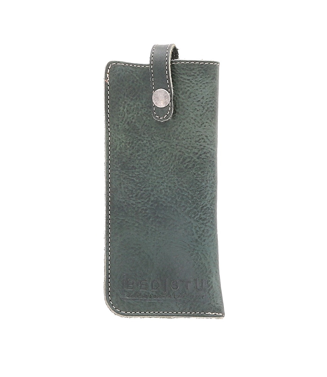 A Behold green leather case with a metal clasp by Bed Stu.