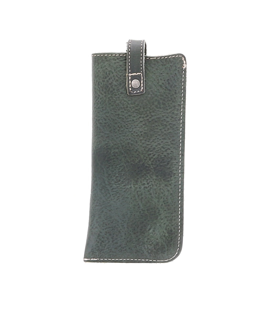 A green leather Behold phone case by Bed Stu with a zipper.