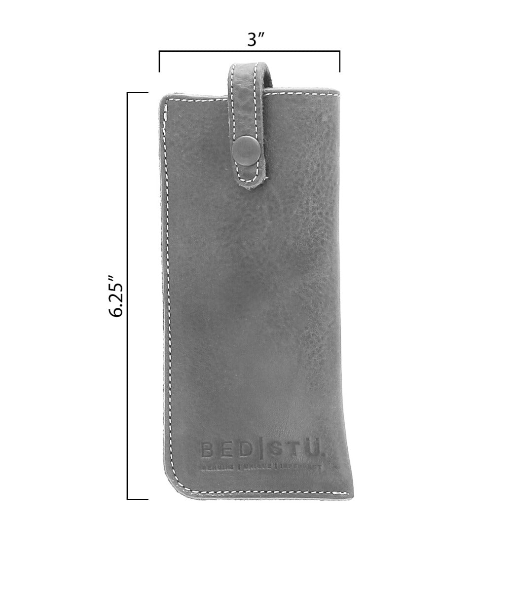 The measurements of a Bed Stu Behold grey leather phone case.
