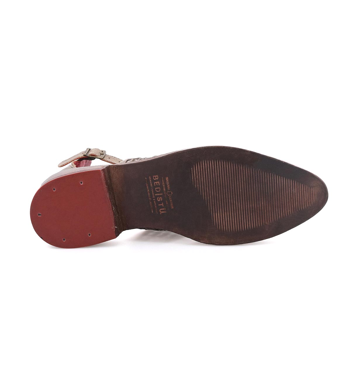 A pair of Bethany II shoes by Bed Stu with red soles on a white background.