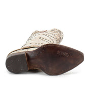 Bottom view of a brown "Betting" Western boot by Bed Stu, showcasing vegetable-tanned leather, decorative sole perforations, and a heel branded with "Bed|Stü.