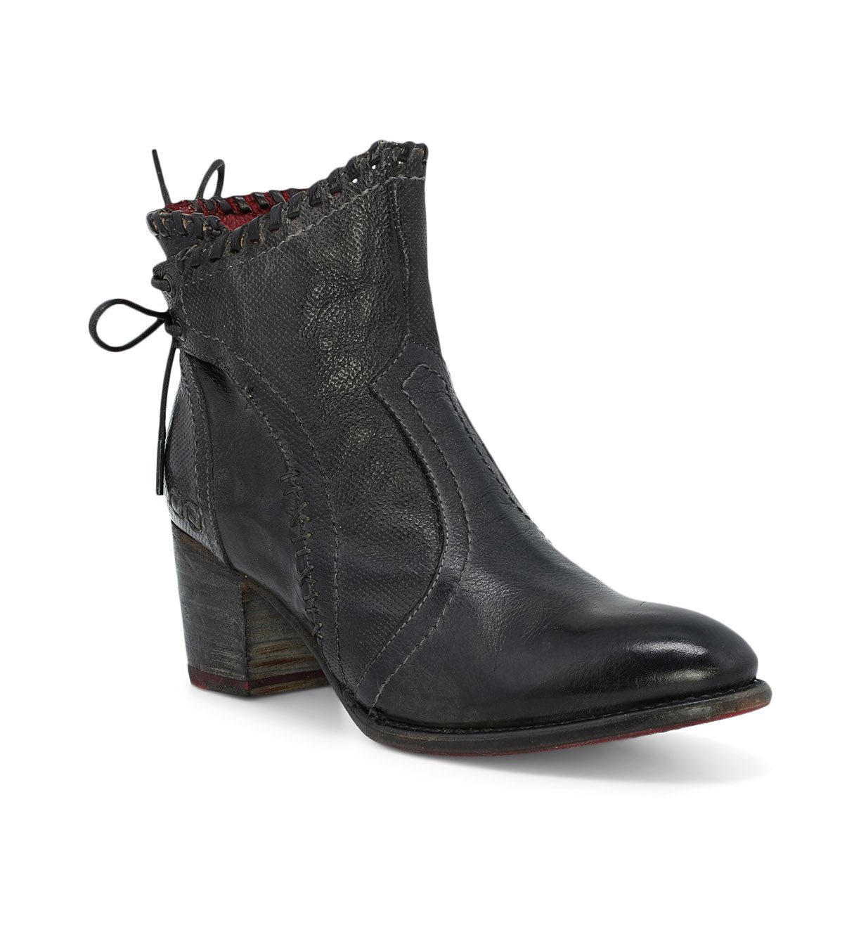 A women's black ankle boot with lace detailing called Bia by Bed Stu.