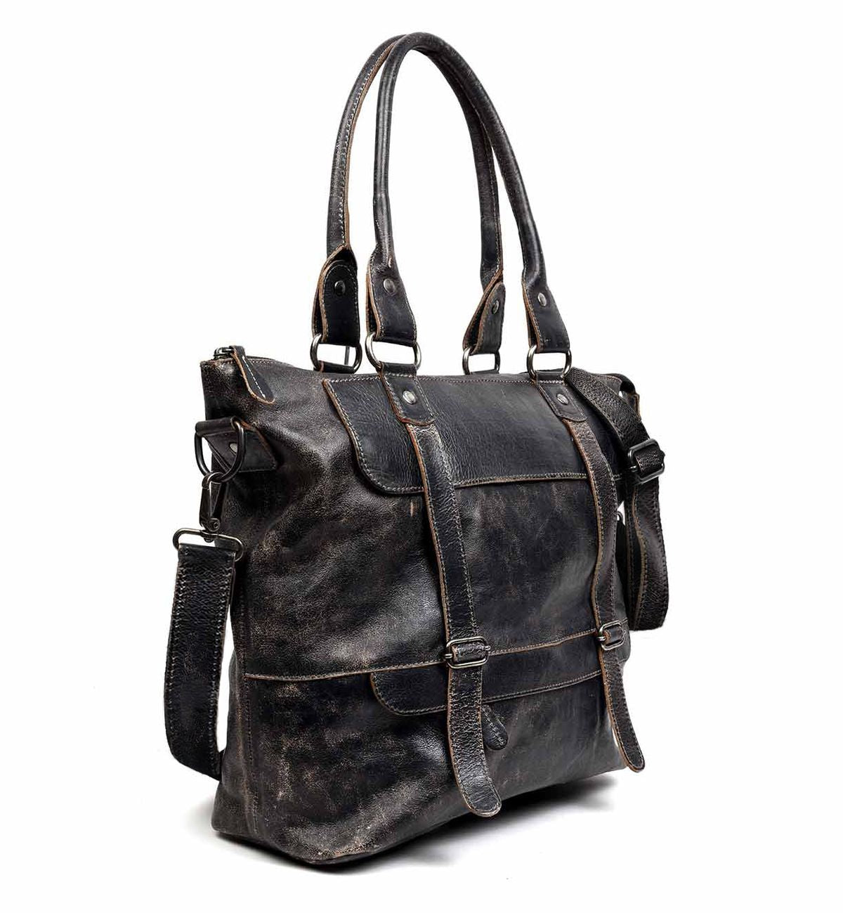 Introducing the Big Fork by Bed Stu - a spacious black full grain leather handbag equipped with two top handles and an adjustable crossbody strap. This stylish bag features multiple buckles and a front flap pocket, skillfully merging elegance with practicality.