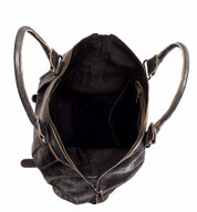 A black leather Big Fork tote bag on a white background. (Brand: Bed Stu)