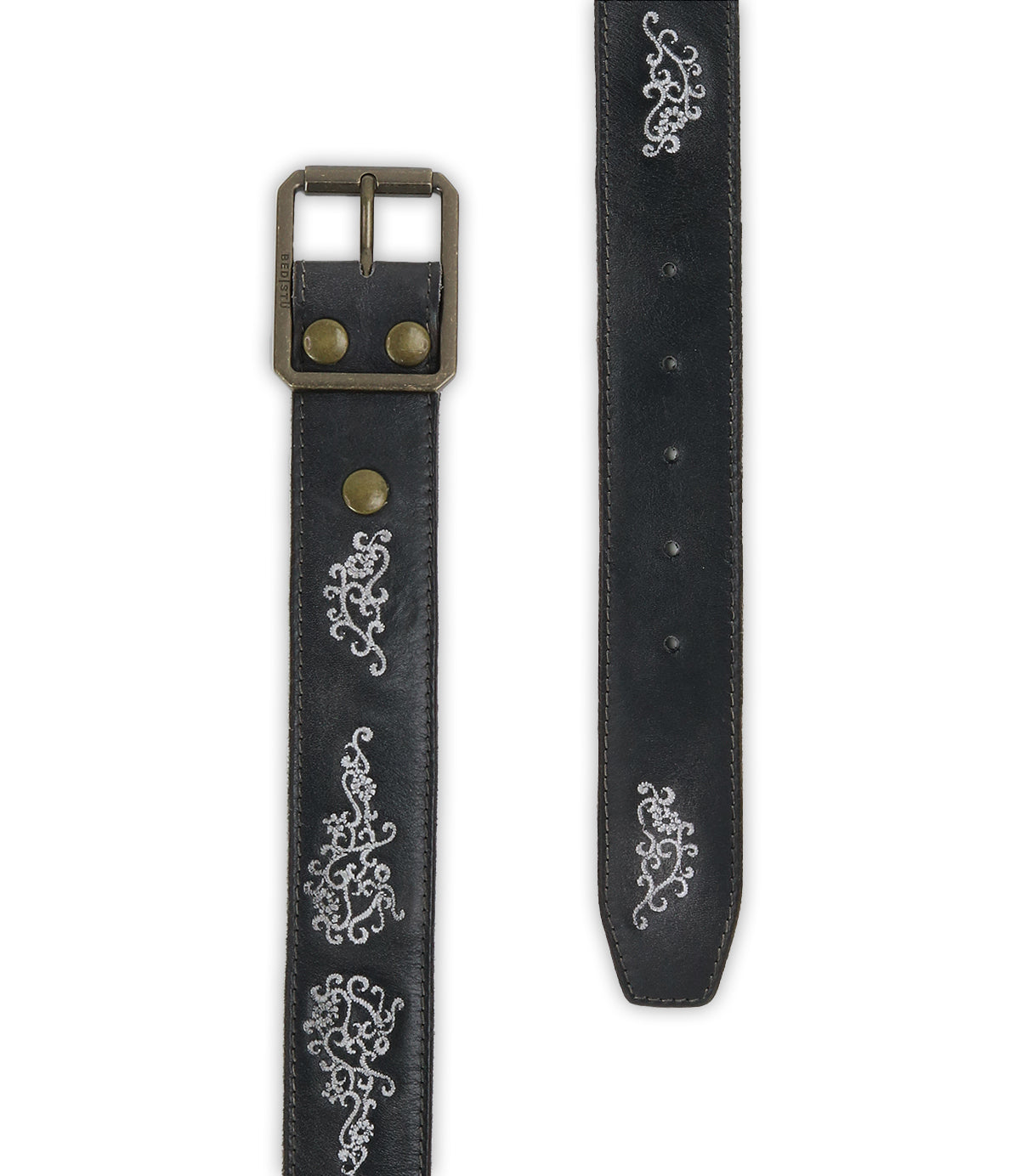 The Blaze JB by Bed Stu is a black full-grain leather belt featuring an antique-finished buckle and decorative white embroidered scrollwork along its length.