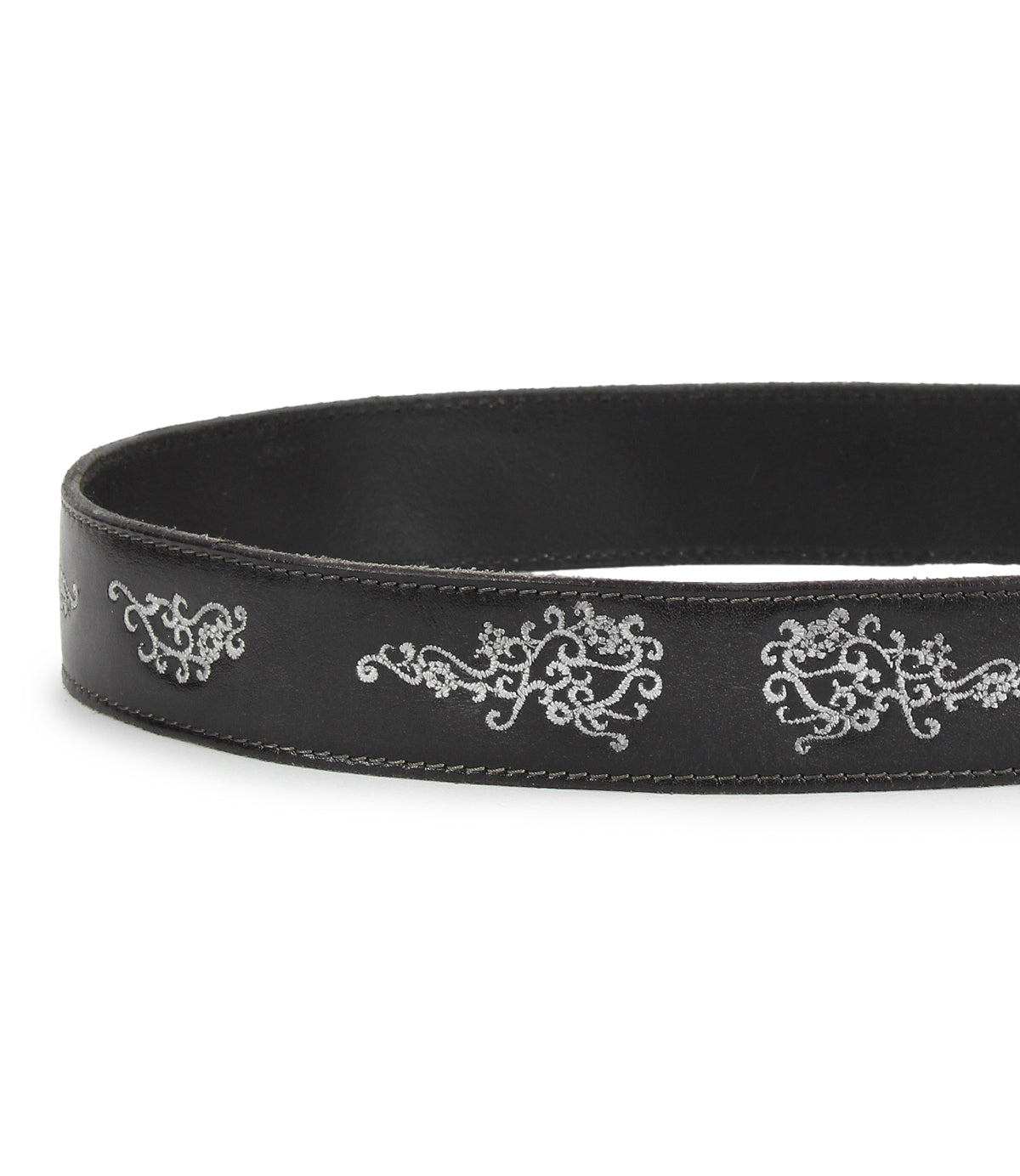 The Bed Stu Blaze JB is a black full-grain leather belt with white embroidered scrollwork, visible edge stitching, and an antique-finished buckle.