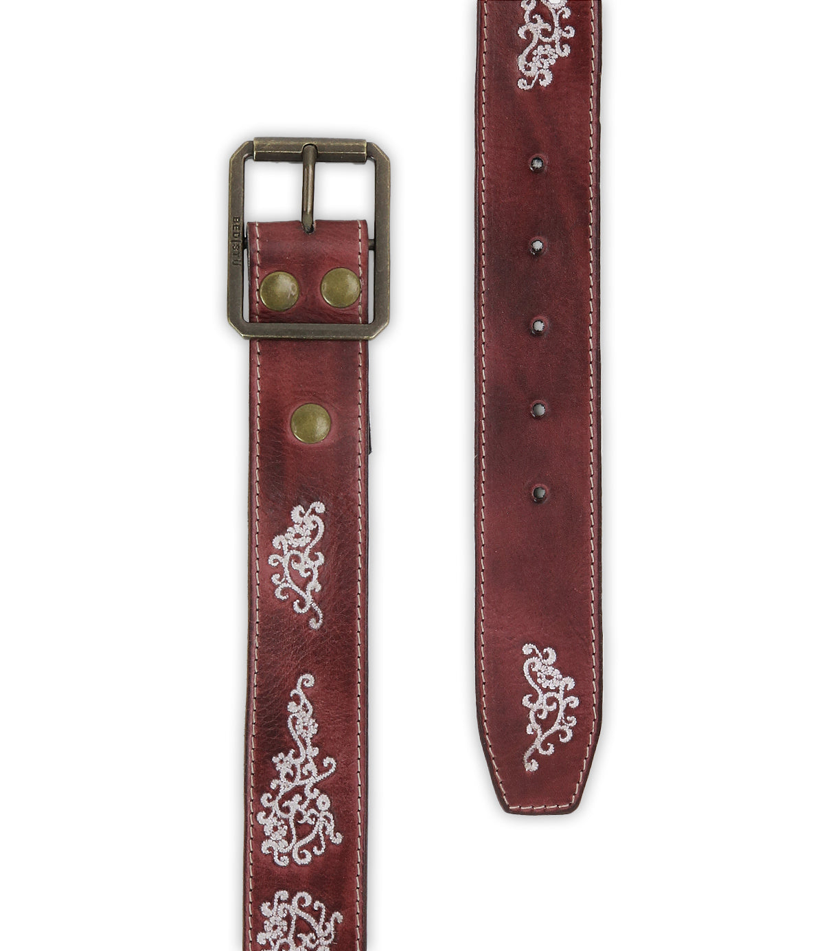The Bed Stu Blaze JB is a brown full-grain leather belt with white embroidered scrollwork and an antique-finished buckle, shown from the front and tip ends.