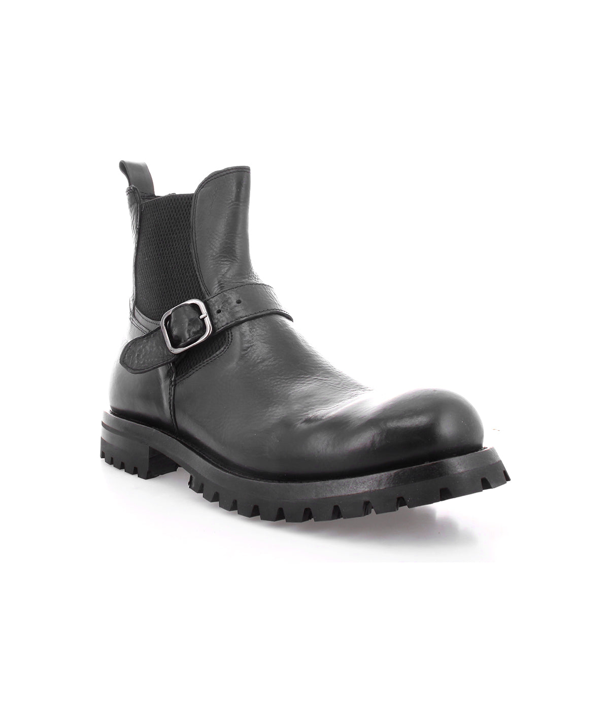 Sleek men's black leather Bed Stu Chelsea boots with buckles, crafted from Italian leather.