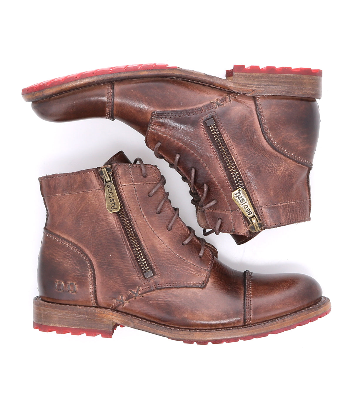 A pair of Bonnie II brown leather boots with red soles from Bed Stu.