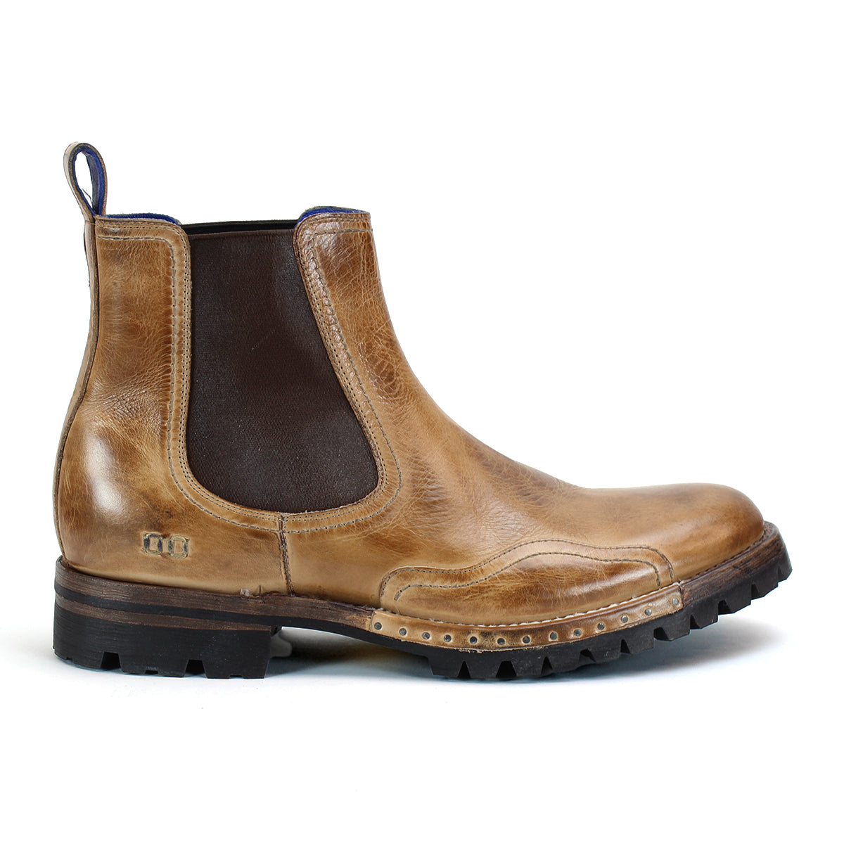 A brown leather Bed Stu Brady Trek boot with a dark elastic side panel and rugged black Vibram outsole, shoe facing left.
