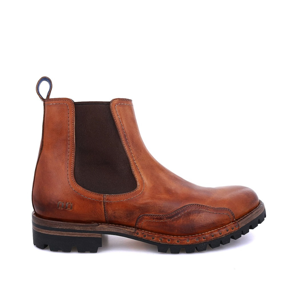 A single brown leather Brady Trek Chelsea boot with elastic side panels and a Vibram outsole, displayed on a white background by Bed Stu.