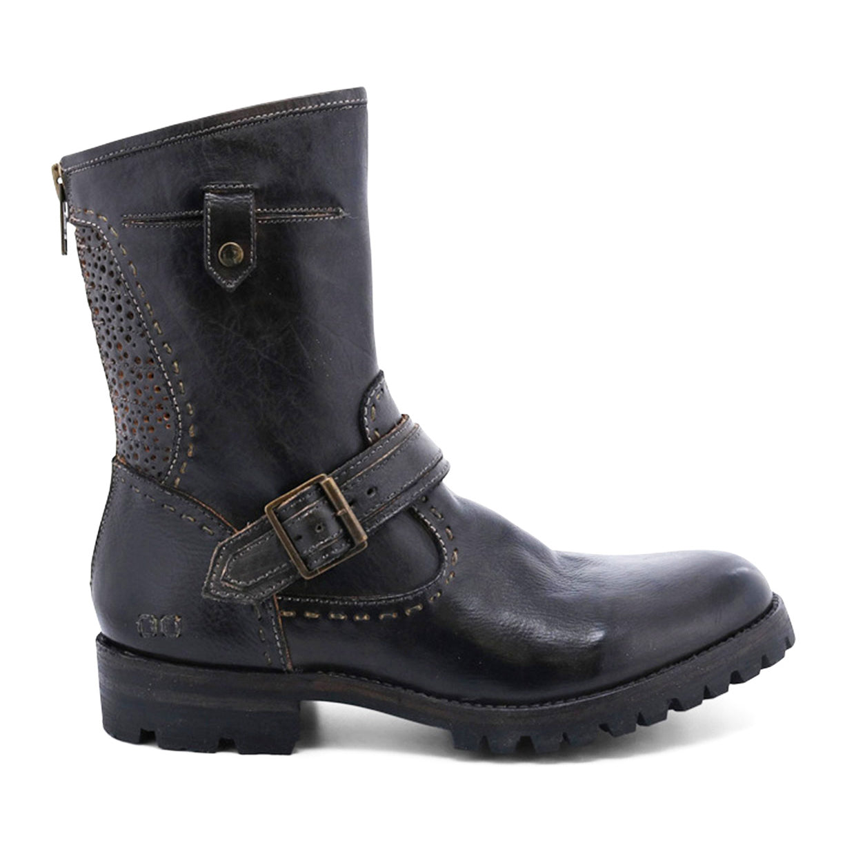 A pair of black leather Brando boots with Bed Stu buckles and buckles.