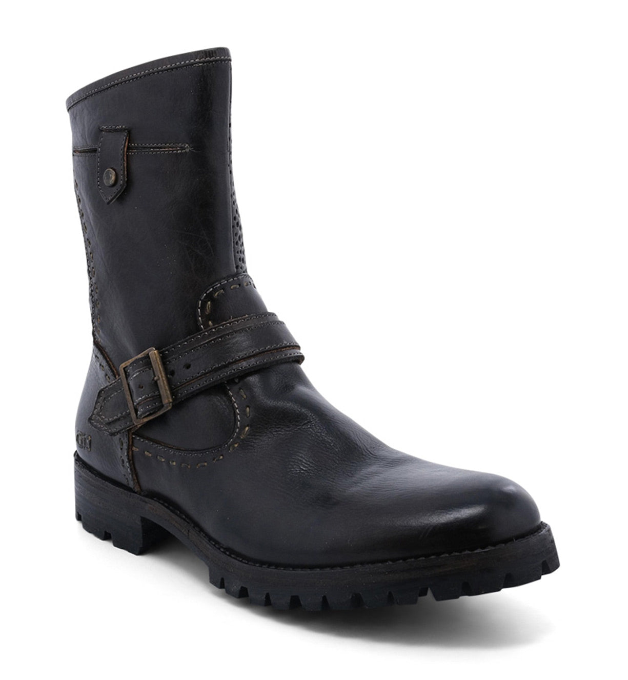 Men's black leather boots with Brando buckles and Bed Stu buckles.