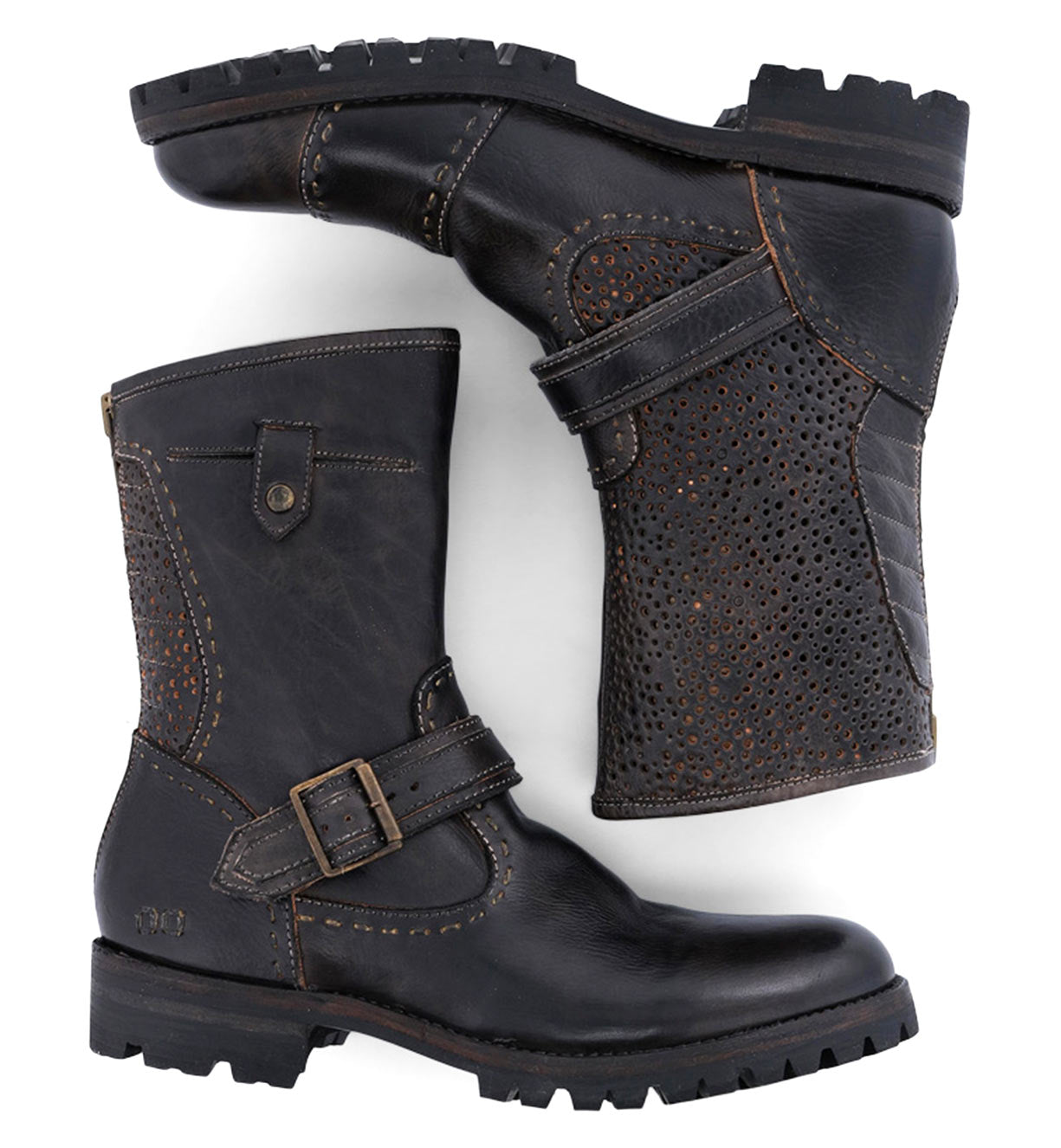 A pair of black leather Brando boots with buckles from Bed Stu.